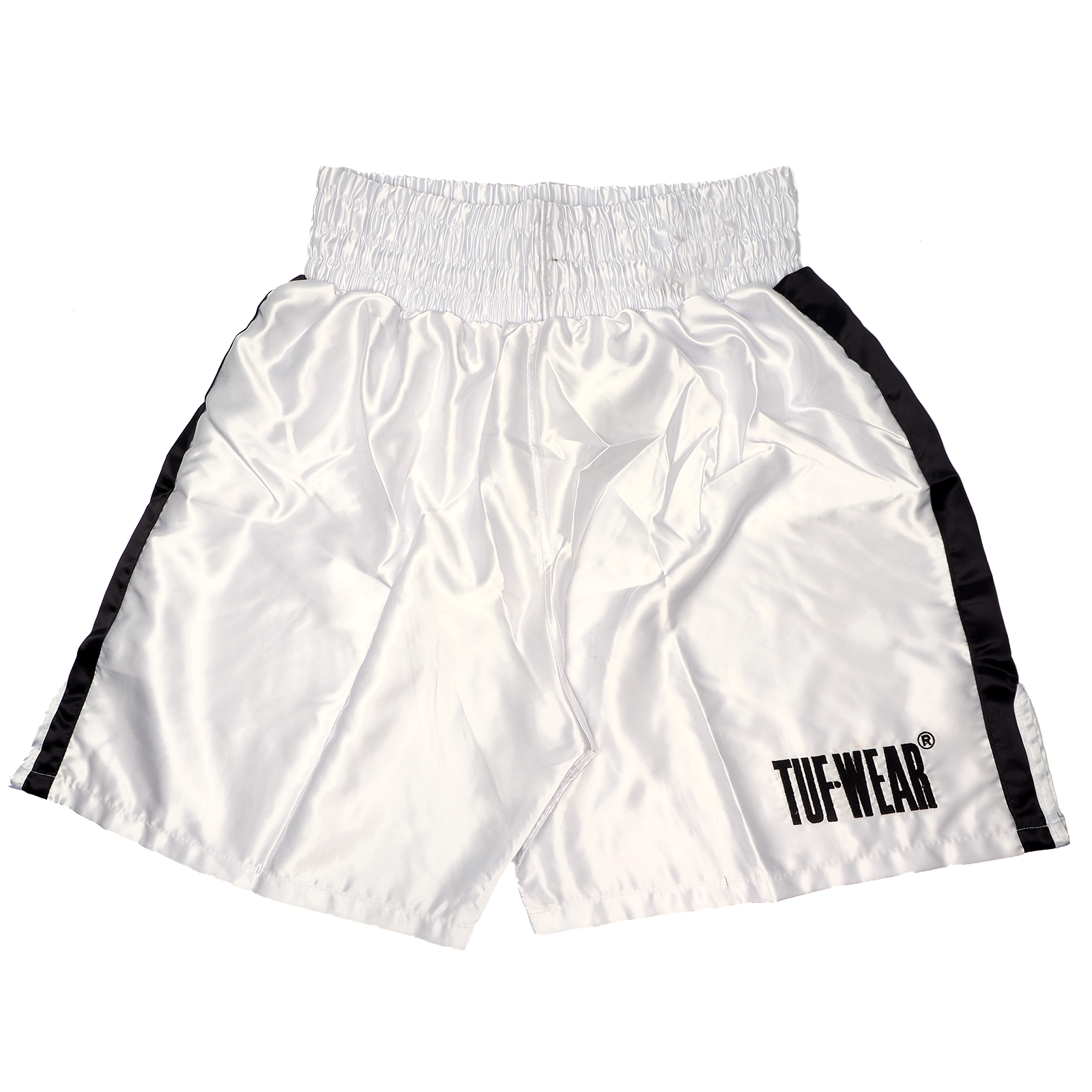 TW32687-ALLWHITE-F1 Tuf Wear Satin Boxing Shorts - Image 1