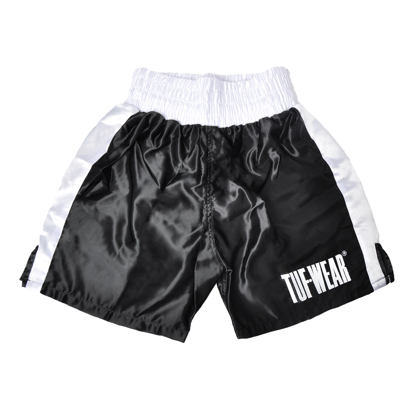 TW32687-BLACKWHITE-F1 Tuf Wear Satin Boxing Shorts - Image 1
