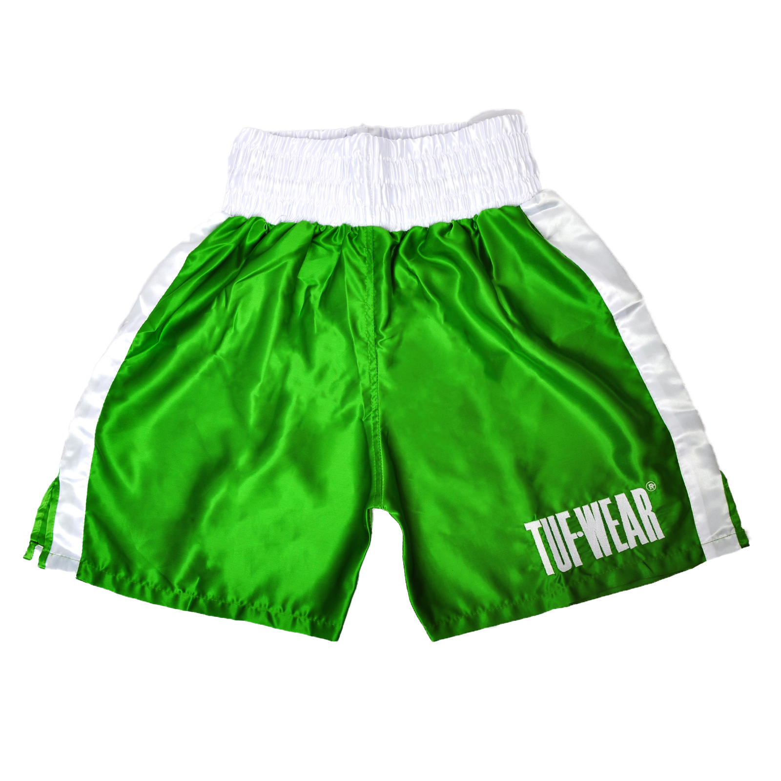 TW32687-GREENWHITE-F1 Tuf Wear Satin Boxing Shorts - Image 1