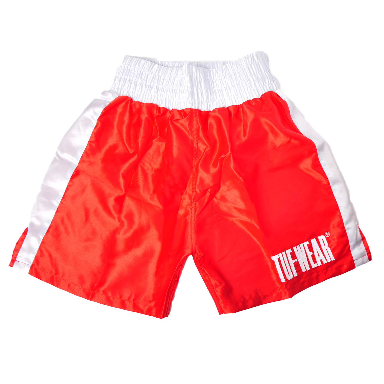 TW32687-REDWHITE-F1 Tuf Wear Satin Boxing Shorts - Image 1