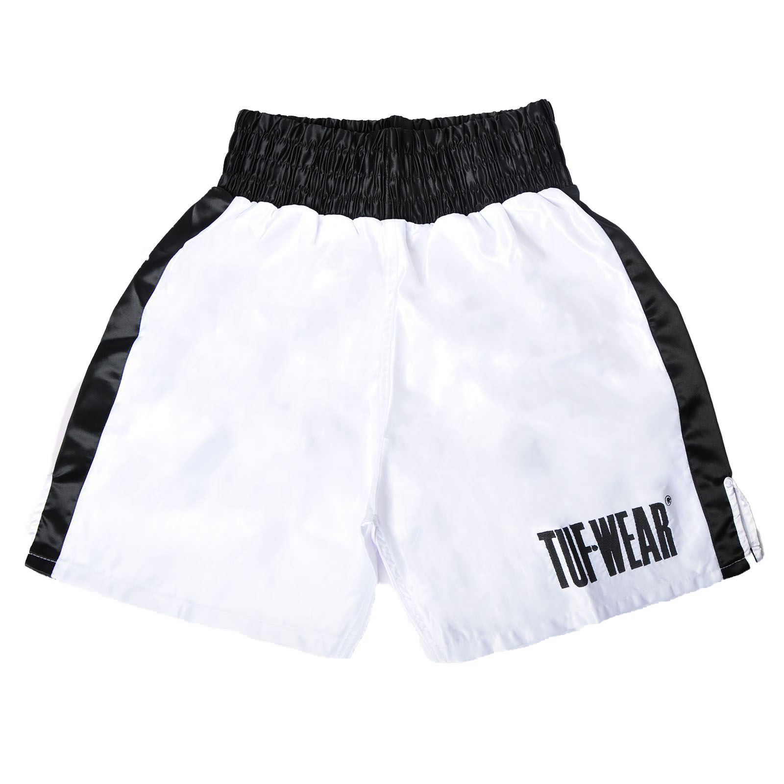 TW32687-WHITEBLACK-F1 Tuf Wear Satin Boxing Shorts - Image 1